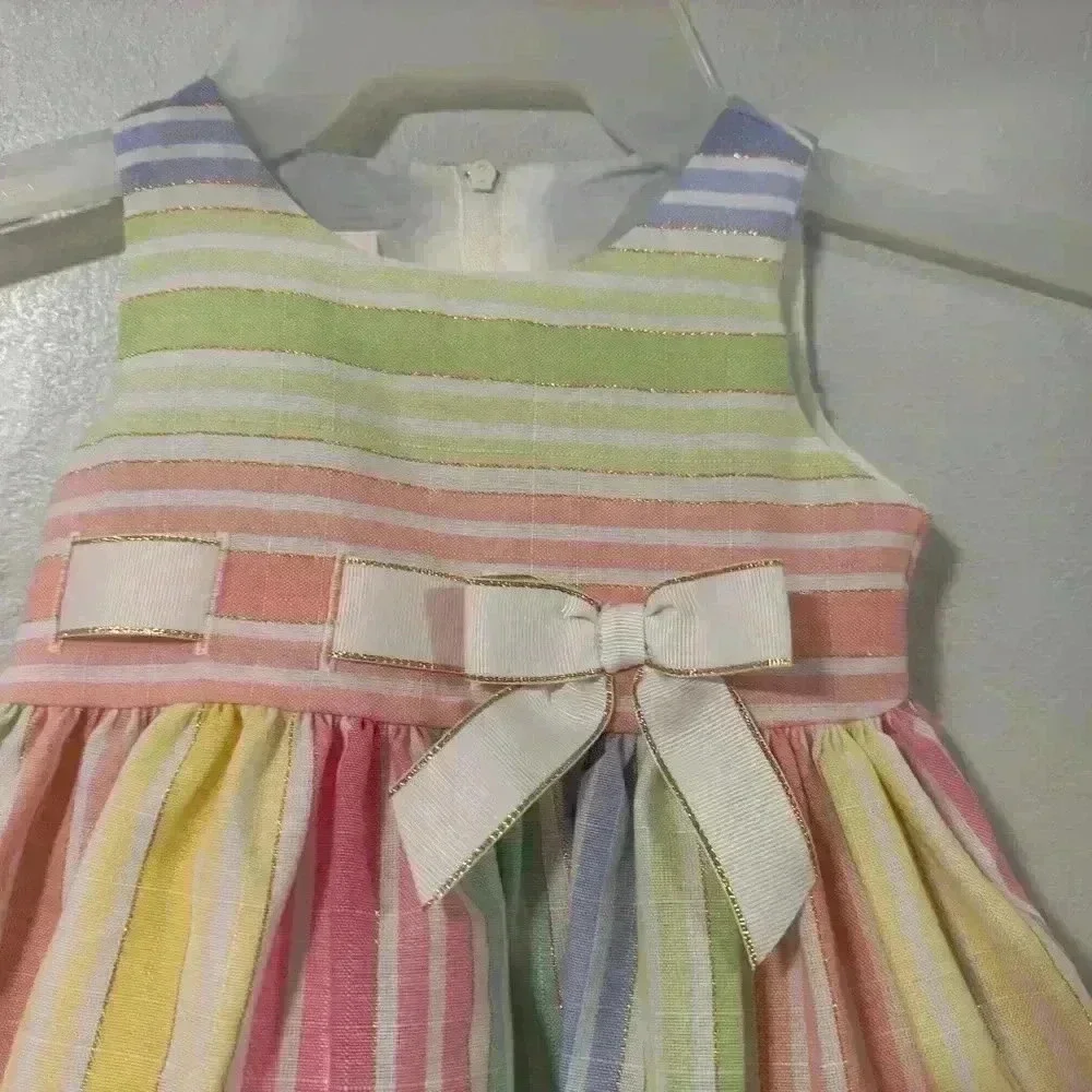 Bonnie Jean Girls Rainbow Stripe Linen Blend Dress Size 12M Pastel Bow Easter